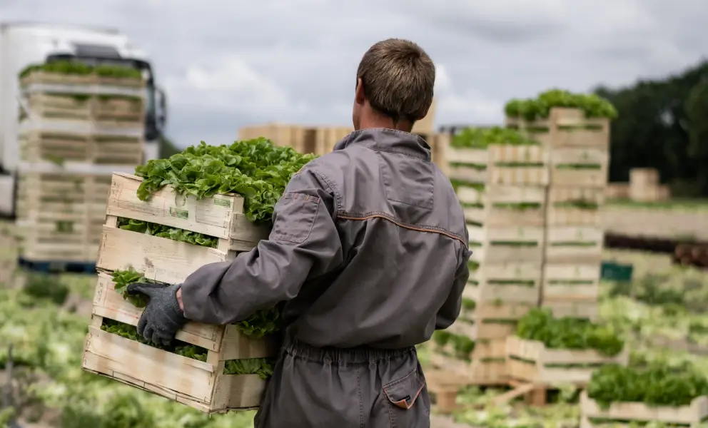 Personne qui porte une caisse de légumes